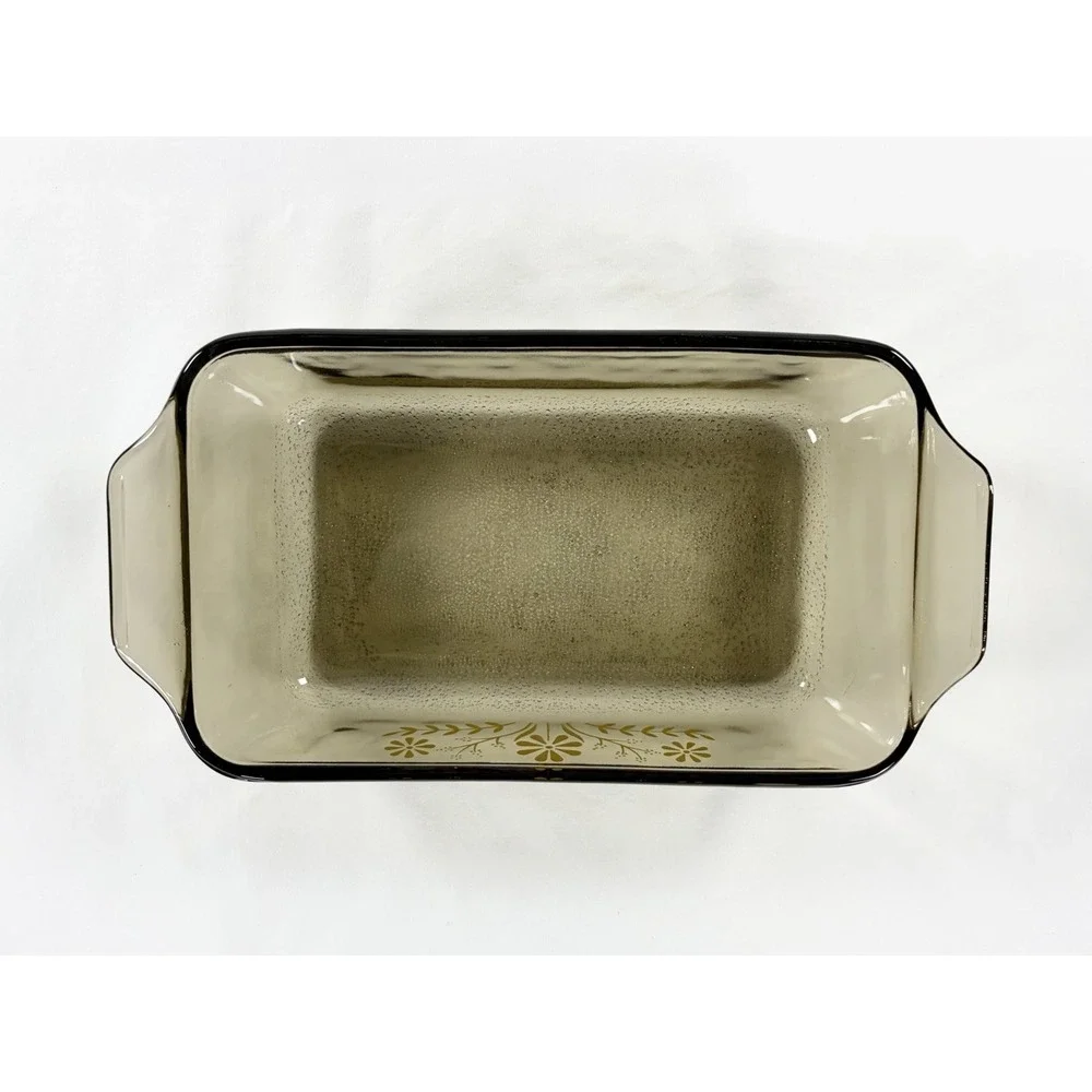 Vintage Glasbake Smoked Amber Glass Yellow Daisy Flower Loaf Pan‎ Casserole Dish